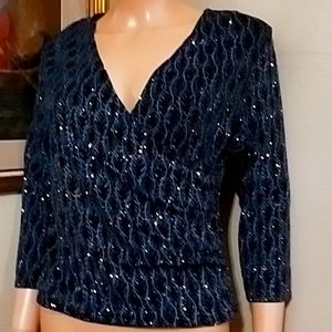Helene Blake Crossover Scrunch 3/4 Sleeves like New EUC large petite Blue Black